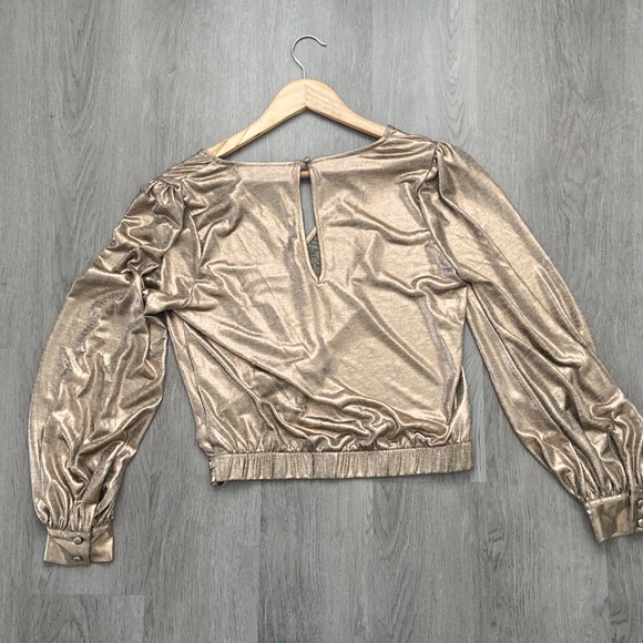 New, No Tags, Beautiful Metallic Rose Gold-Tone V-Neck Twist-Front Top. - Picture 2 of 6